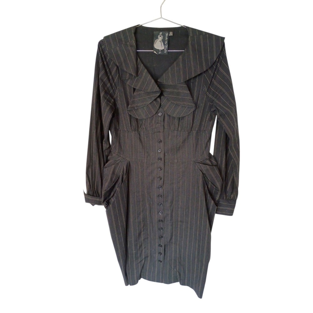 Vintage Twelve by Twelve Pinstripe Black Ruffle Button Front Dress Stretch M